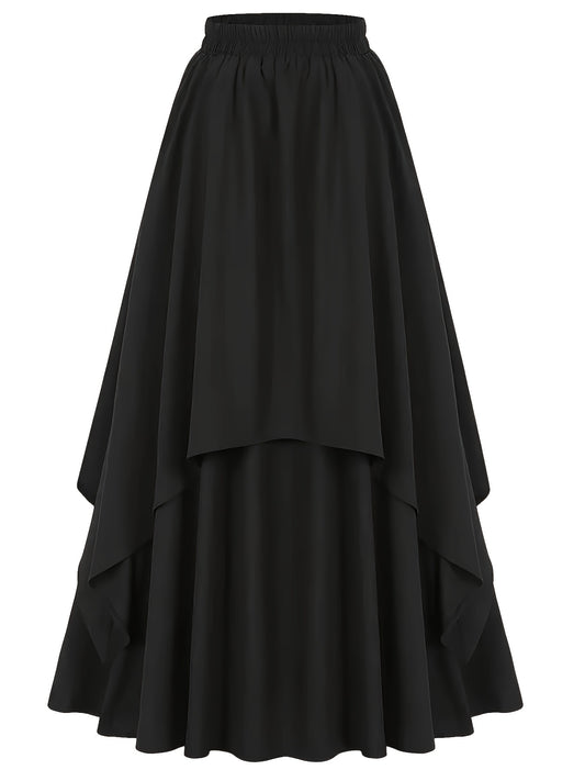 Elegant black double-tiered swing skirt made of polyester with scalloped edges. Perfect for medieval dance and Victorian performances. All-season fashion for women.