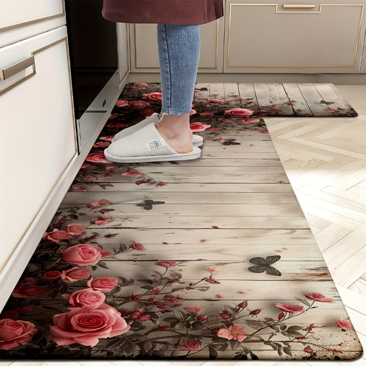 Set of 1 or 2 Rose And Wood Wall Pattern Kitchen Mats, Non-Slip and Sturdy Bathroom Pads for Floors, Soft Standing Runner Rugs, Carpets for Kitchen, Home, Office, Laundry Room, Bathroom, Perfect for Spring Decor