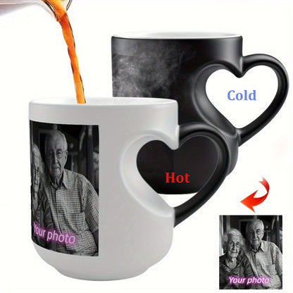 Customized color-changing mug with heart handle - perfect for Father's Day, Mother's Day, and seasonal gifts.