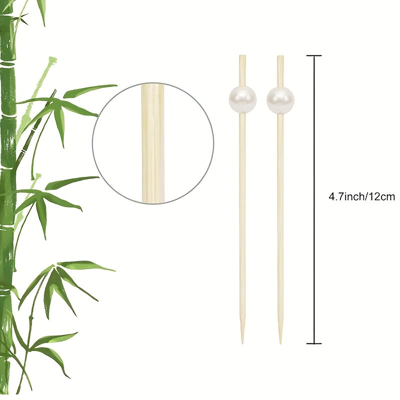 100 pieces of golden, pink, and white pearl bamboo toothpicks for weddings and parties, ideal for appetizers, fruits, and beverages on special occasions. Great for cakes, desserts, and cupcakes.