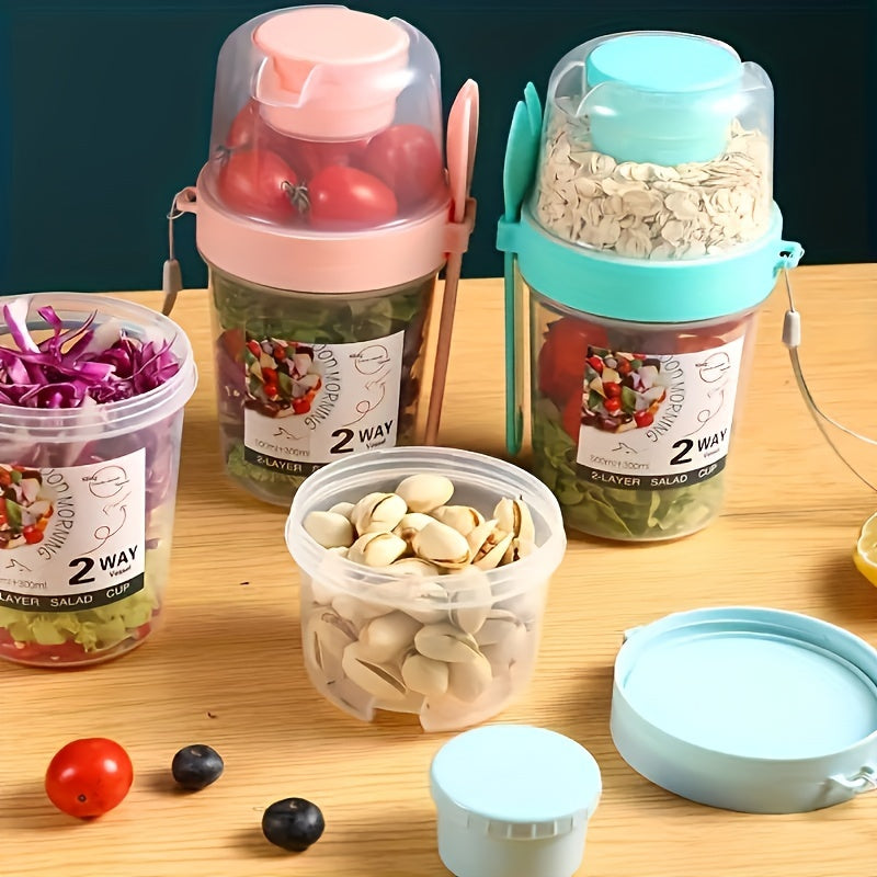 1 dona oqimga chidamli oval shakldagi portable salat stakan to'plami, sos ushlagichi va qoshiq bilan - BPA-free plastik, qo'lda yuvish, turli xil ovqatlar va atıştırmalıklar uchun engil