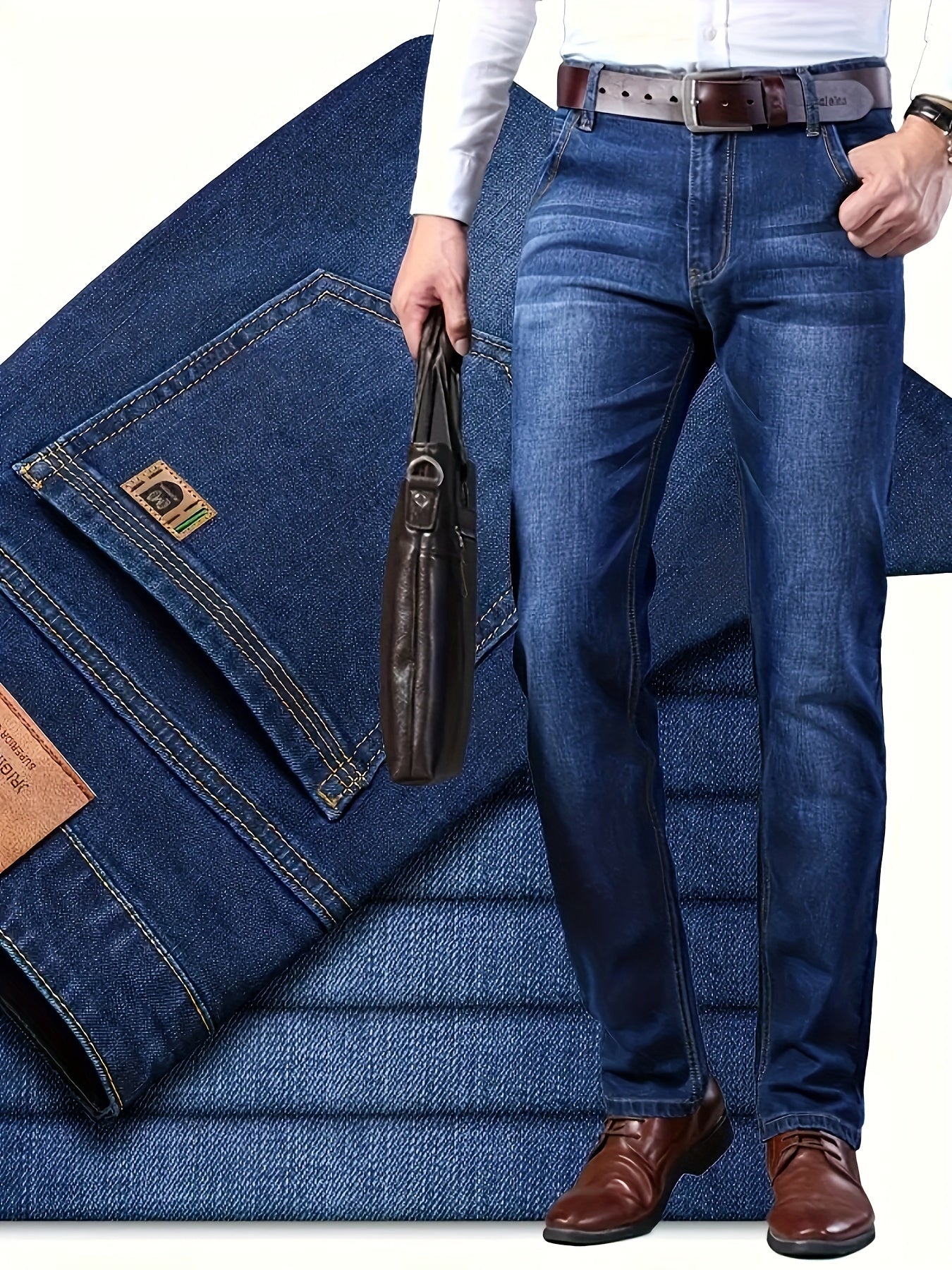 By 2025, the new selection of men's mid-rise cotton stretch straight-fit business jeans features a zipper and button closure.