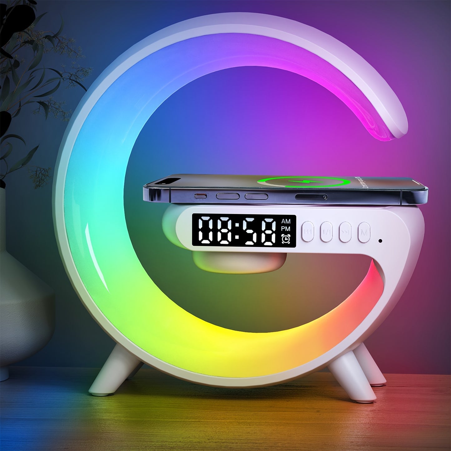 Introducing JELLOO 15w Wireless Speakers with Wireless Fast Charging, Dynamic RGB Light, Smart Bar Light, Sunrise Alarm Clock, and Dimmable Table Lamp featuring 10 light effects.