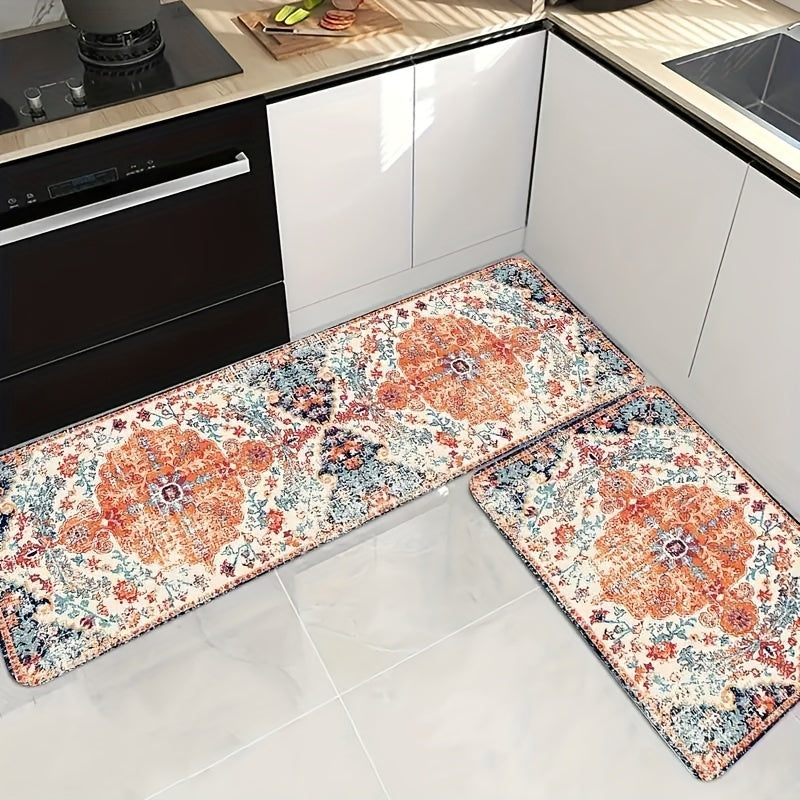 An antique bohemian patterned rug that can be used as a kitchen mat, outdoor carpet, entrance doormat, bathroom mat, non-slip kitchen mat, pet feeding mat, and feeding pad.