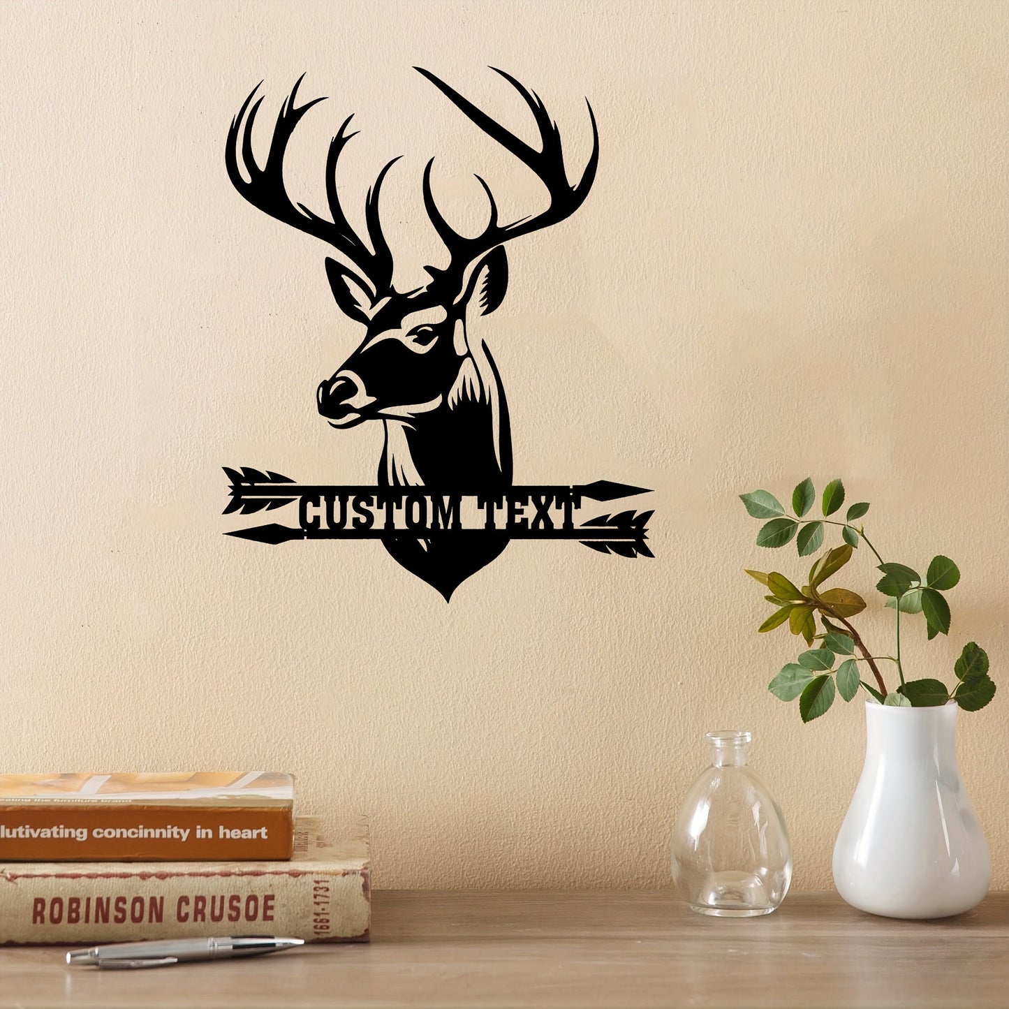 Metal Plaque with Customizable Deer Head Design - Add Your Own Name, Features High-Temperature Baked Paint Finish for Durability, Perfect for Wall Decor in a Rustic or Hunting-themed Space. Makes a Great Gift for Father's Day, Christmas, or Housewarming.