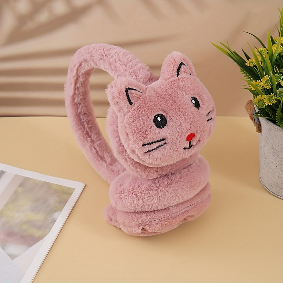 Adorable Plush Cat Ear Warmers, made of Polyester Stretch Knit, Hand Wash Only. Fun Cartoon Themed Ear Covers for Women, Stylish Winter Ear Protection