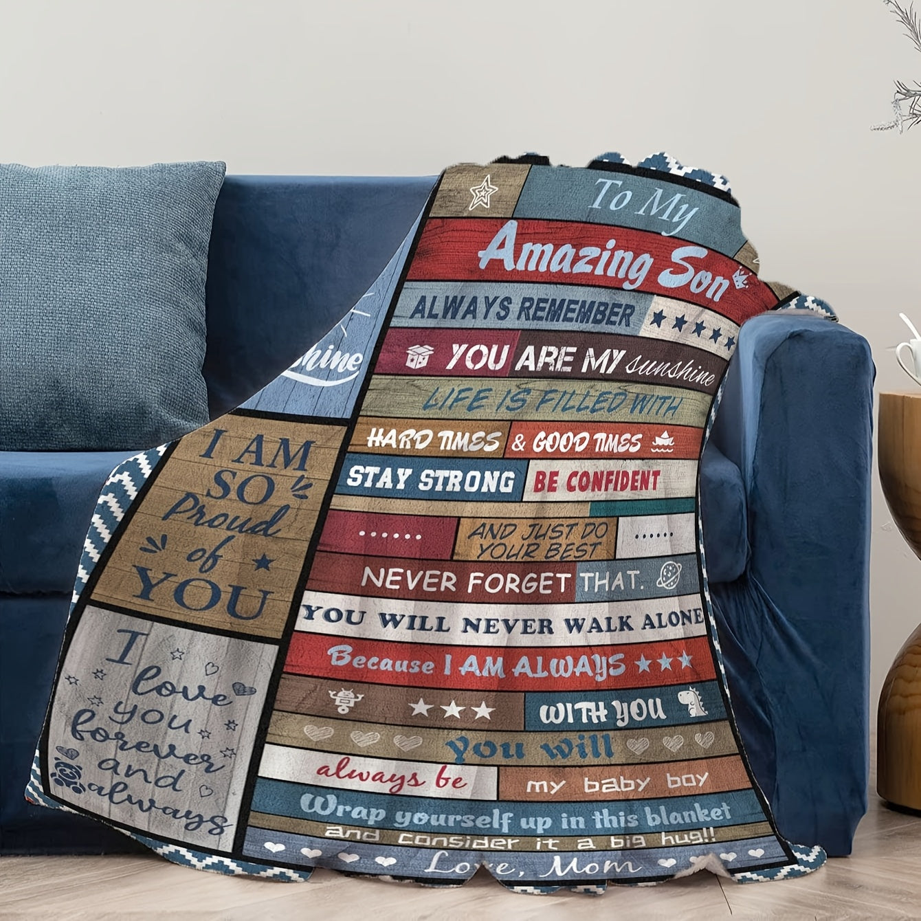 Contemporary Geometric-Patterned Flannel Blanket for Son - 1 Piece, Made from 100% Polyester Knitted Material, All-Season Multipurpose Throw featuring Inspirational Quotes from Mom - Perfect Gift Idea for Son