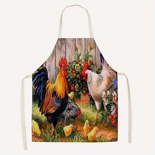 1pc Linen apron with soft rooster print, thickened cute waist design, perfect for fashion housework and kitchen tasks.