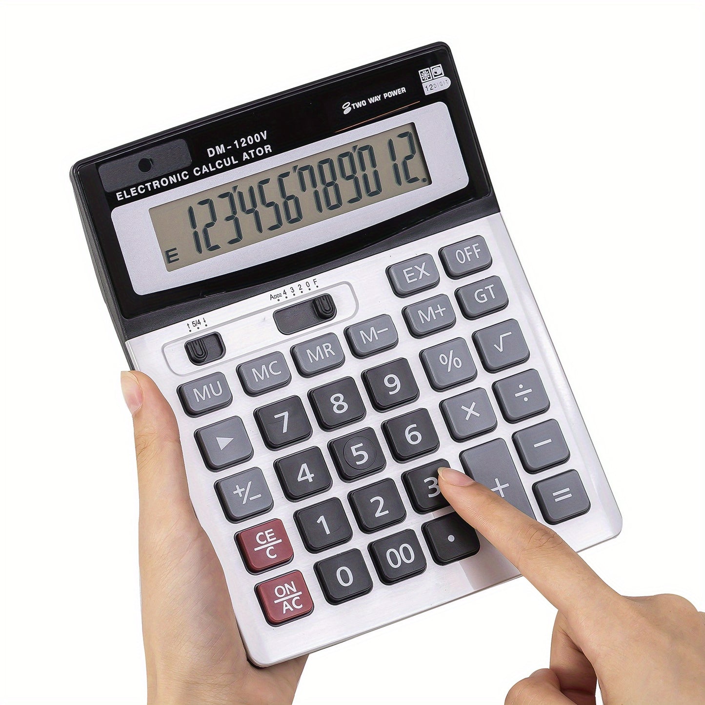 Desktop calculator with large display, big buttons, dual power, and 12-digit capacity.