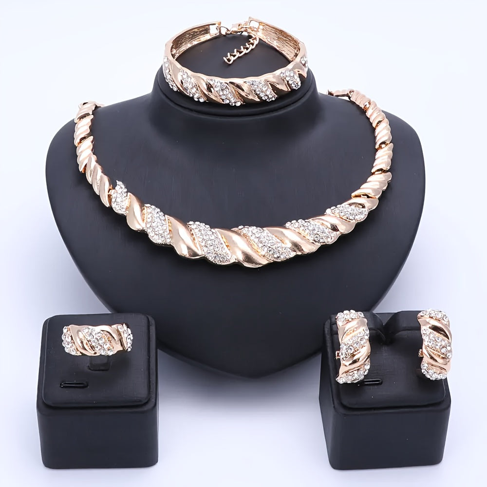 A stunning jewelry set, featuring a Middle Eastern-inspired design with gold-plated artificial crystals. This set includes a necklace, bracelet, earrings, and ring, perfect for women to wear at wedding parties or give as gifts.