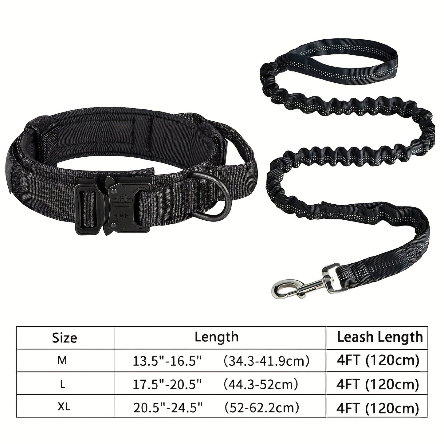 Durable Tactical Dog Collar & Leash Set, Adjustable, Made of Polyester with Metal Buckle & D-Ring, Ideal for All Dog Sizes - Black, Olive Green, Beige Available