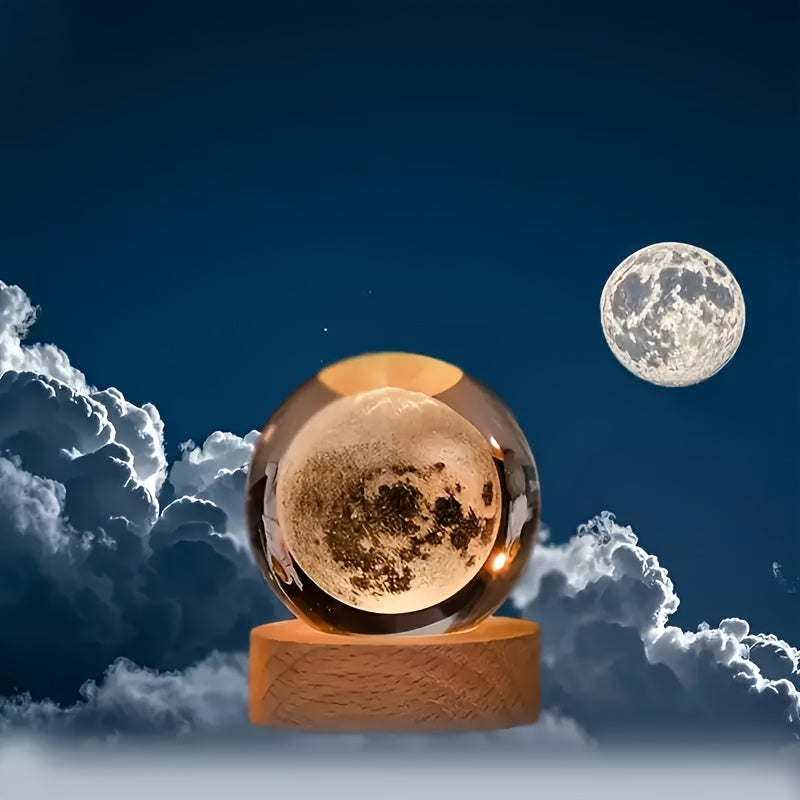 3D Crystal Ball with Solar System & Moon Engraving - USB Powered, Space Decor for Home and Office