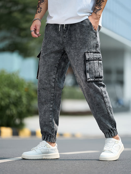 Plus size men's snowflake washed denim cargo pants with elastic waistband, casual, non-stretch, machine washable for fall/winter.