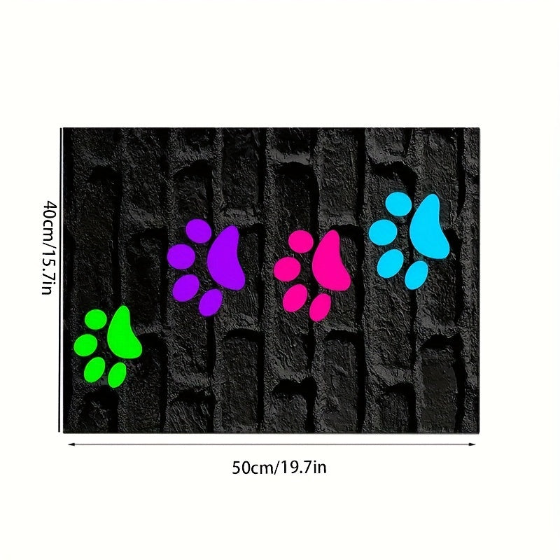 Cute paw print pet feeding mat for indoor/outdoor use, non-slip polyester material, versatile all-seasons accessory for pet food & water bowls.