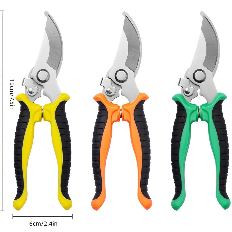 Stainless steel fruit and branch scissors with multi-functional, anti-slip design for labor-saving manual pruning.