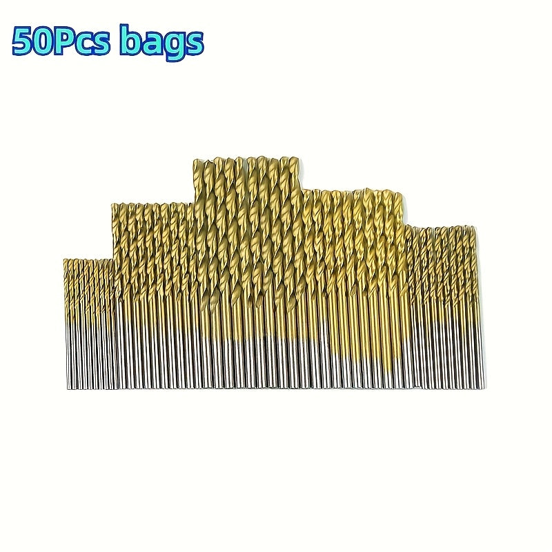 50 titanium-plated steel drill bits with round handles, ideal for electric drills, in sizes 1/1.5/2/2.5/3mm.