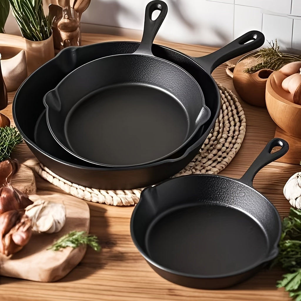 Set of 3 Cast Iron Cookware Pieces - Non-Stick, Versatile Pans in Different Sizes for Use on Induction & Gas Stoves - Ideal for Frying, Sauteing & Cooking