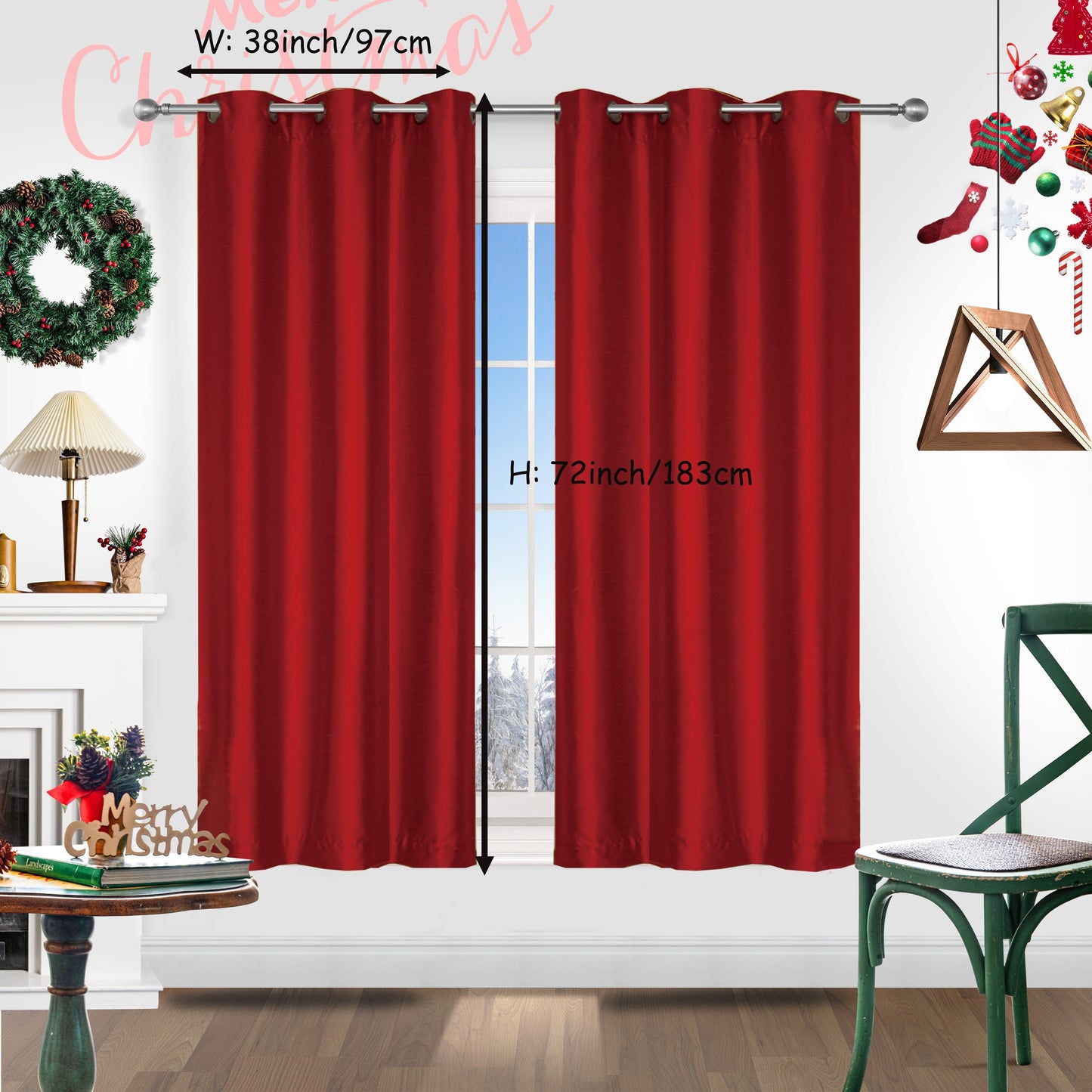 Add a festive touch to your space with 2 pieces of red Christmas curtains. These curtains are made of faux silk with a grommet top design, providing both style and functionality. Perfect for living rooms, bedrooms, offices, kitchens, and studies, these