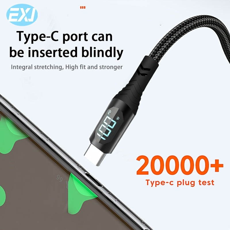 EXJ-240W Data Cable with Type C to C Fast Charging, USB A to C, Smart Digital Display, Zinc Alloy Nylon Braided Cable for iPhone, Samsung, Tablet, iPad, Mobile Phone, Power Bank, and Other