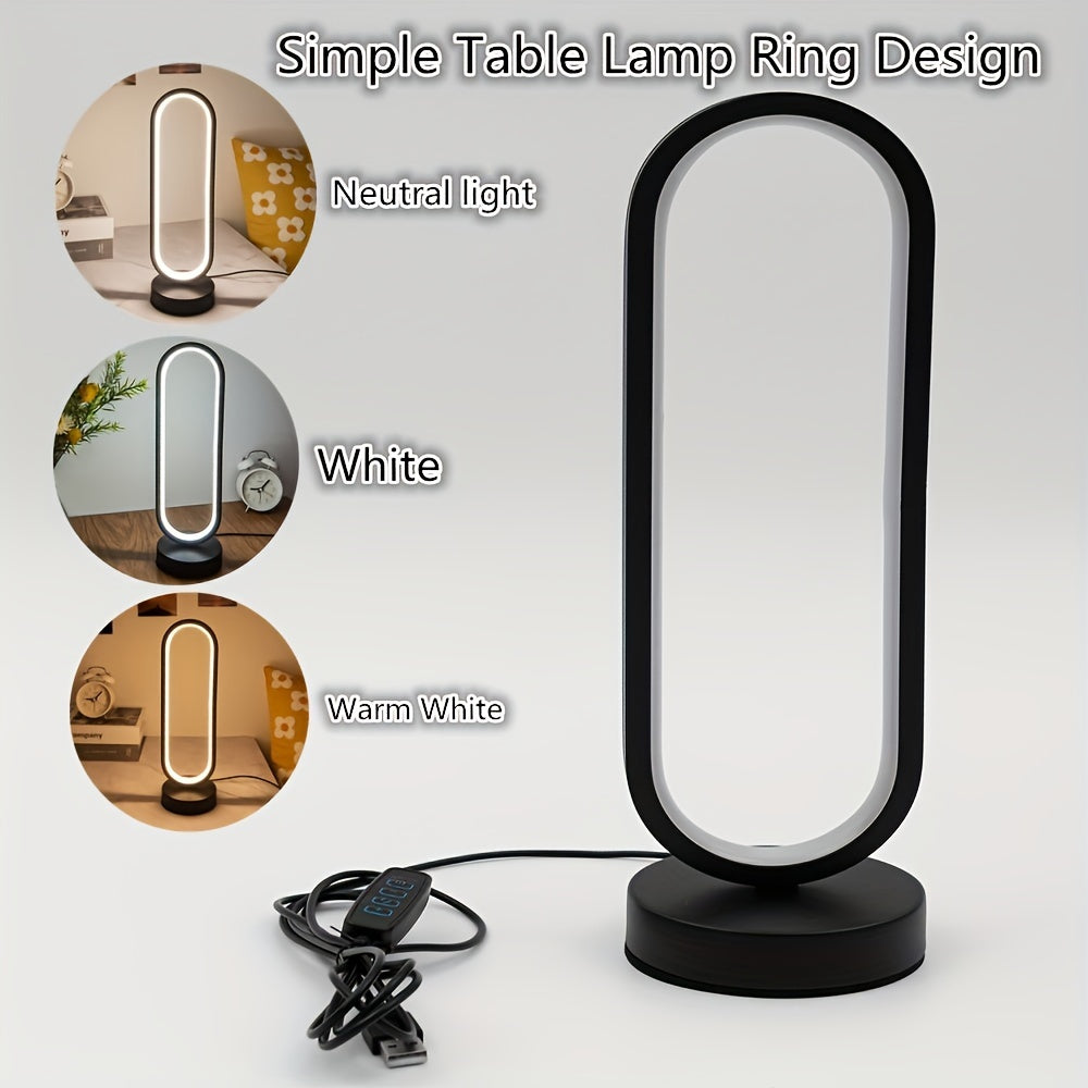 Sleek LED desk lamp with USB port, dimmable black and white lighting, metal base for bedroom and living room.