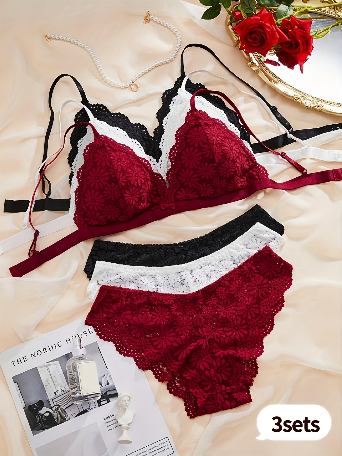 Sexy floral lace bra and panties set with romantic triangle cup design and shell detailing. Made of 90% polyamide and 10% elastane knit fabric for teens. Solid color with contrast lace