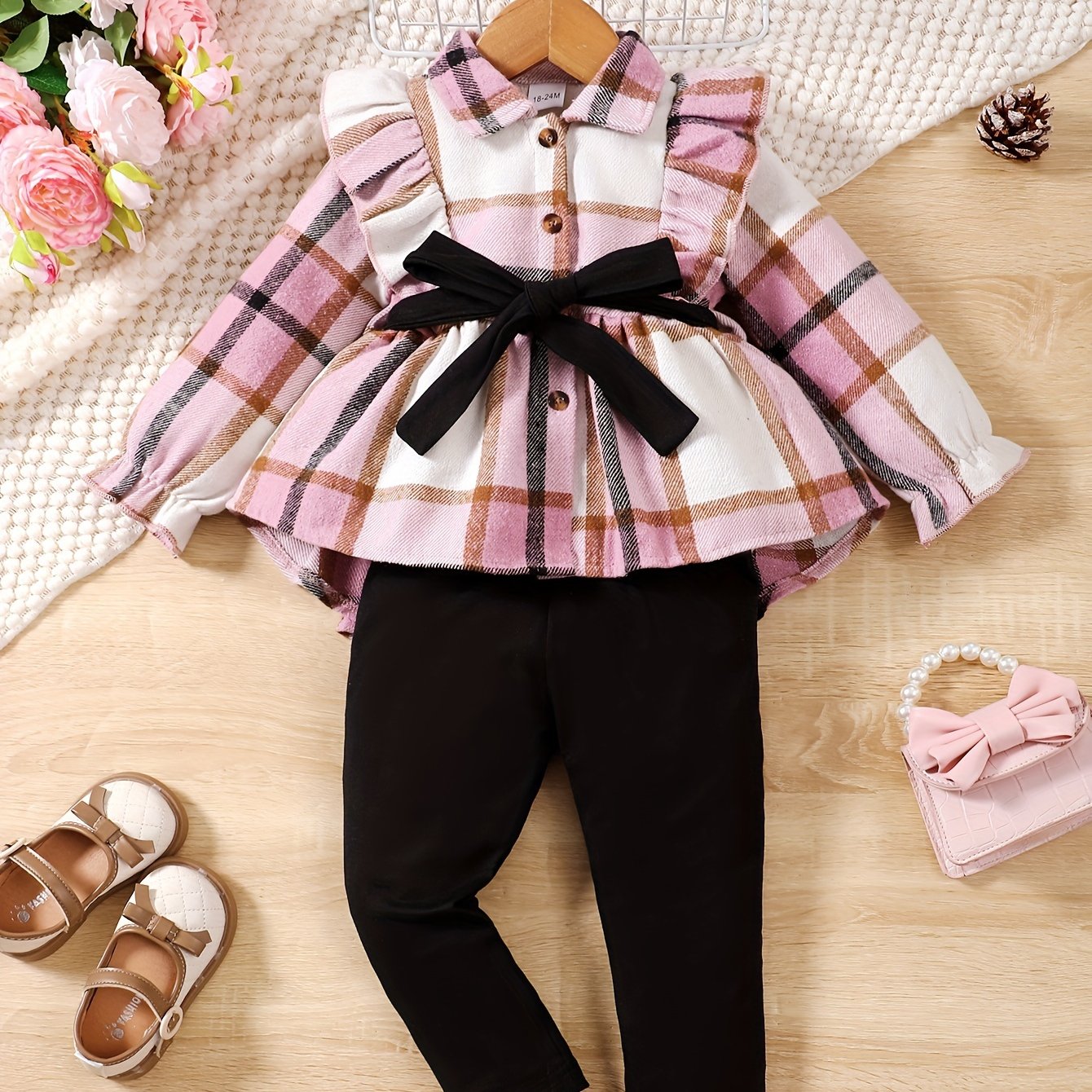 Baby's ruffled plaid blouse with belted pants set for outdoor wear in spring and fall