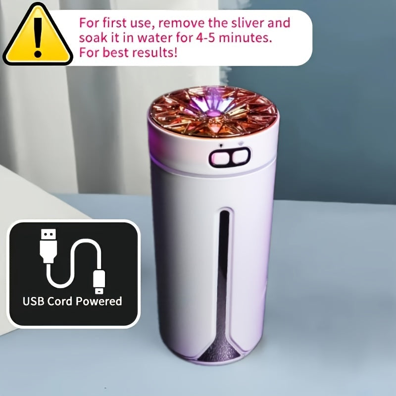 Portable car humidifier with color light, essential oil diffuser, suitable for USB in home and car.