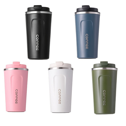 Insulated stainless steel travel mug keeps beverages hot or cold all day - 510ml/17.2oz capacity for coffee, tea, and soda.