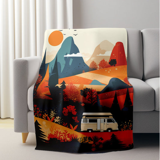 Flannel Throw Blanket - Autumn Mountain and Camper Van Design. Suitable for All Seasons, Resistant to Tears. Features Soft and Warm Knitted Polyester Material with Contemporary Style. Ideal for Home, Office, Camping, and Travel. Digital Printed Design.