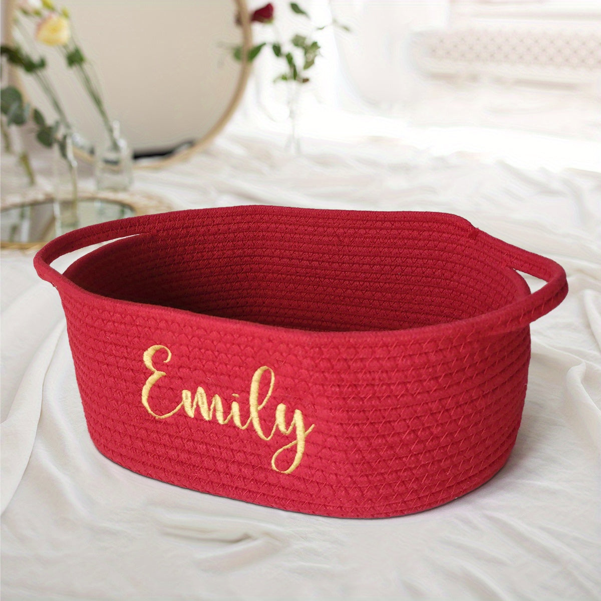 Personalized Cotton Gift Basket with Custom Embroidery - Convenient Handle for Easy Carrying and Stacking, Ideal for Keepsakes, Size: 30.48cm x 20.32cm x 5 inches