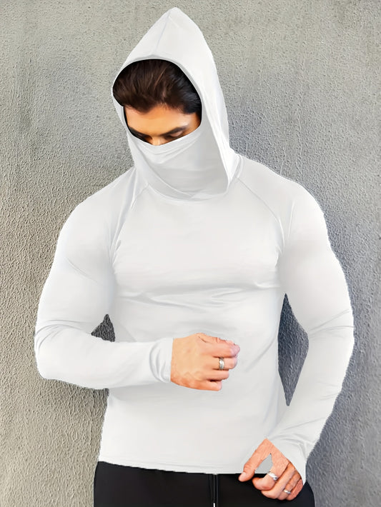 Men's hoodie with mask, quick-drying and breathable long-sleeve t-shirt, spring and autumn compression sports top enhances workout performance, a gift.