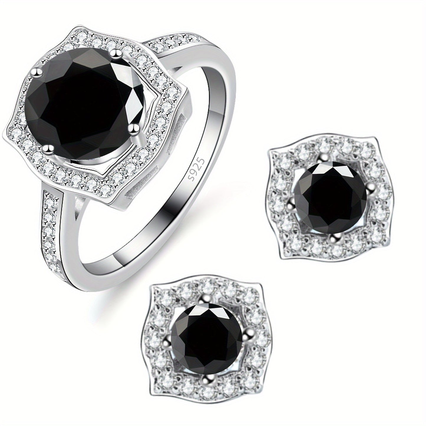 3-piece set of high-quality jewelry from Gems Lady, featuring a 2-carat Moissanite ring and two 1-carat Moissanite ear studs. Made of hypoallergenic S925 sterling silver, this set comes in a gift box and is perfect for weddings, parties, and as a stylish