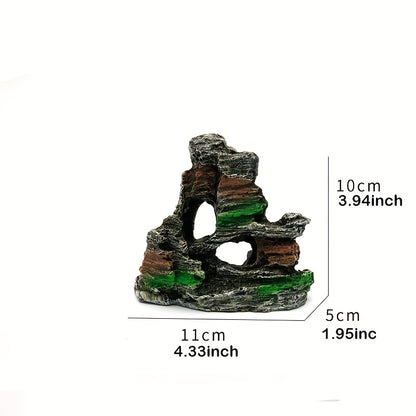 1 piece Resin Rockery Aquarium Ornament with lifelike moss-covered faux mountain and cascading waterfall, perfect for fish tank landscaping and decoration. peaceful and textured finish.