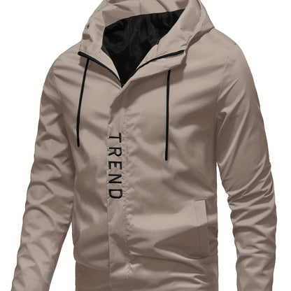 Men's all-season sports jacket with hooded zip-up design, made of 100% polyester fabric. Features embroidered details, regular long sleeves, and a lightweight 133g/m² woven fabric.