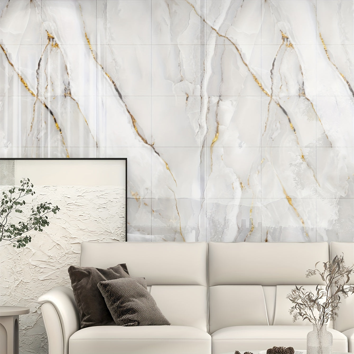 10pcs waterproof and moisture-proof PVC wall tiles, each piece 29.97x29.97 cm covering 0.9㎡ area, resembling marble ceramic tiles, perfect for kitchen and bathroom décor.