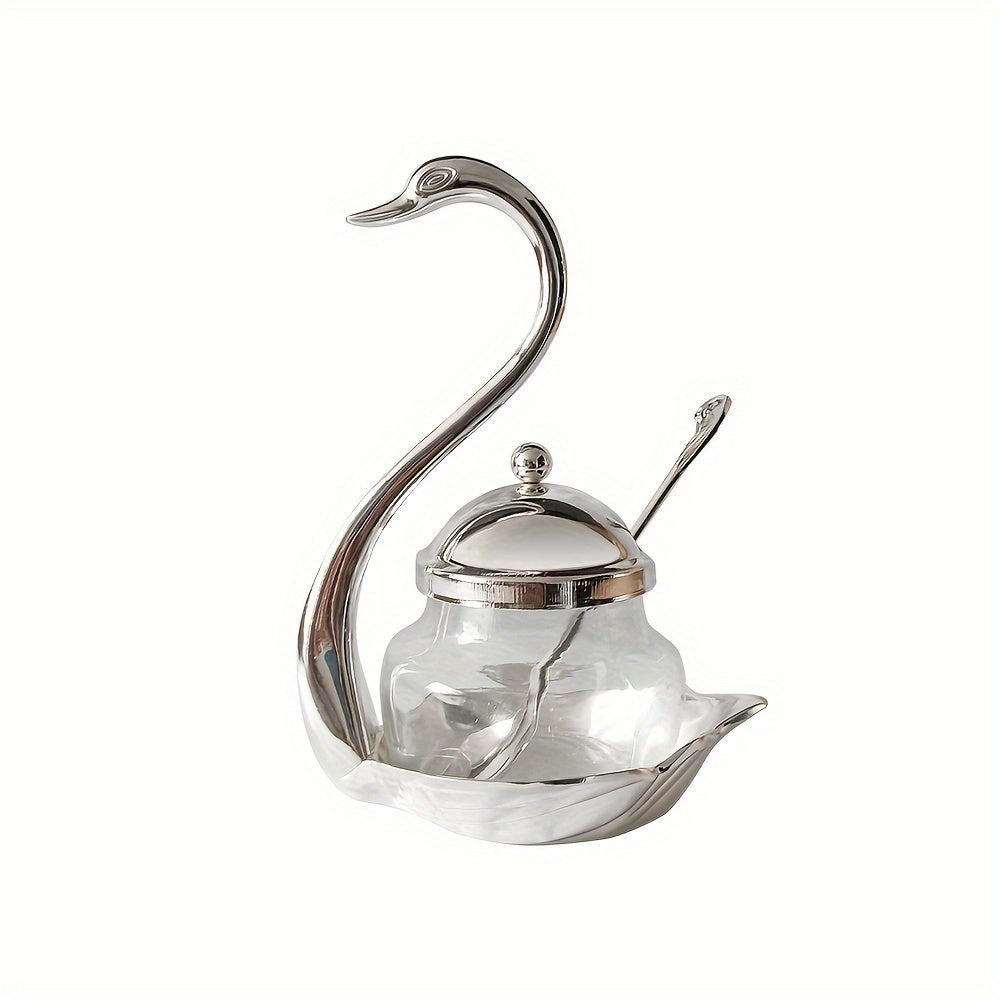 1 piece Swan Glass Condiment Jar with Spoon, Kitchen Storage Container, Sugar Bowl, Seasoning Pot, Home Decor, Wedding and Mother's Day Gift, Kitchen Accessories.