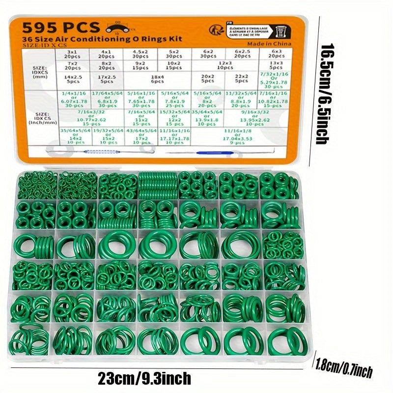 595-piece automotive AC O-Rings kit for car A/C compressor & plumbing faucet seal repair, with pick & hook tools.