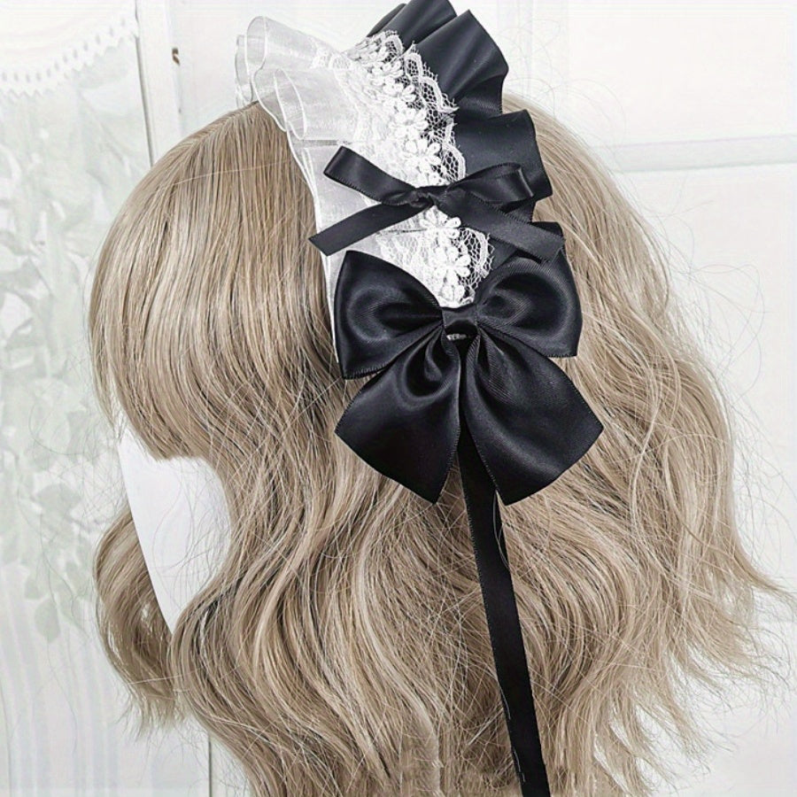 Ruffled Lace Ribbon Bow Headband with Hairpins in Contrasting Colors - Anime Maid Inspired Hair Accessory