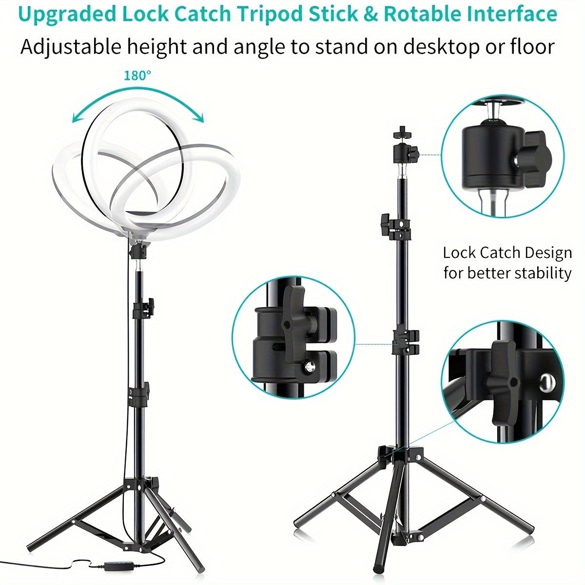 Selfie ring fill light pack with tripod stand and circular lamp for video shooting, studio photo, makeup, meetings, group selfies, and live streaming.