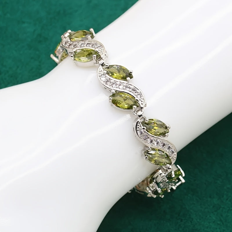 Exquisite 5-Piece Olive Green Zirconia Jewelry Set for Women - Featuring Elegant Synthetic Stones, Platinum Plated Copper with Full Pave Setting - Comes with an Adjustable Ring, Long Earrings, Necklace, and Bracelet - Ideal for Weddings, Banquets, and as