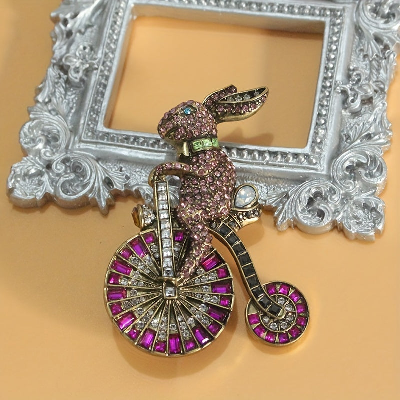 Add a touch of nostalgia with this adorable 1PC Retro Bunny Bicycle Shaped Brooch, embellished with rhinestones. A perfect accessory for women to add to their dress, coat, sweater, or corsage.