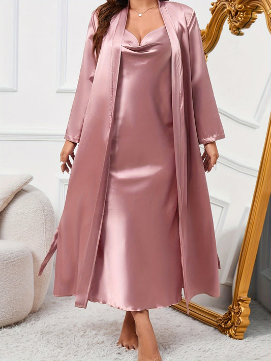 Elegant satin pajama set for plus size women, including slip dress and robe with belt. Perfect for fall and winter.