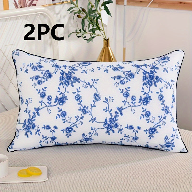 Two-pack combination of high-quality sleep pillows with classic blue and white pattern; star hotel grade pillow core included.