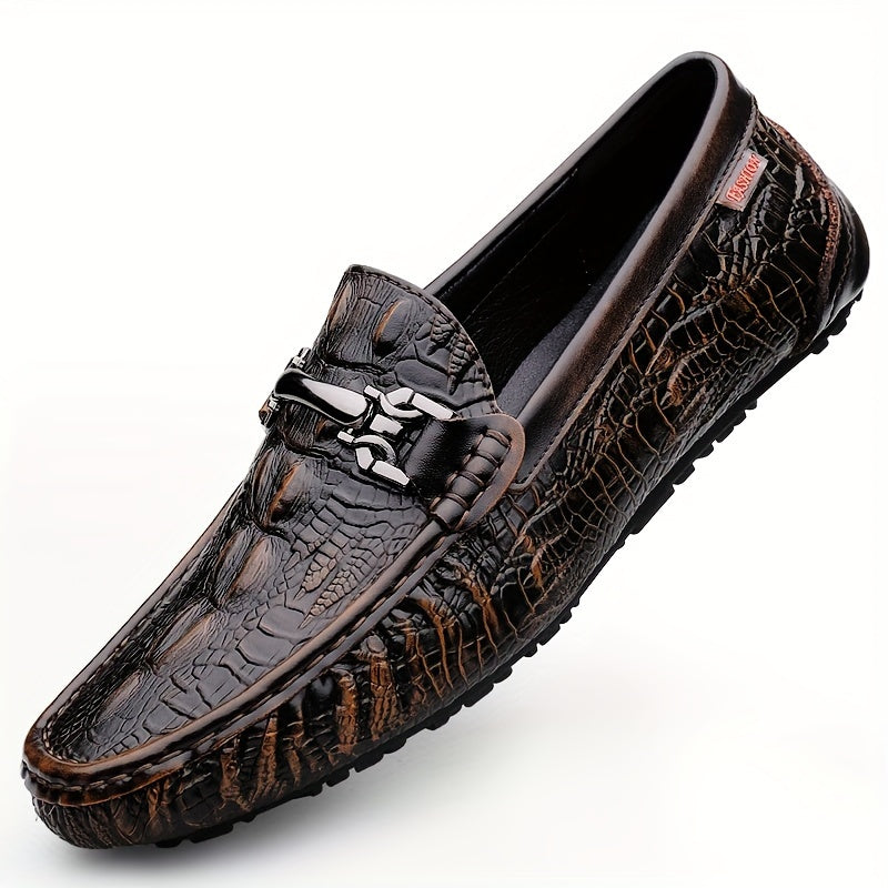 Men's lightweight slip-on loafers made of split cow leather with solid color. Features a comfortable non-slip rubber sole, suitable for casual or dress wear.