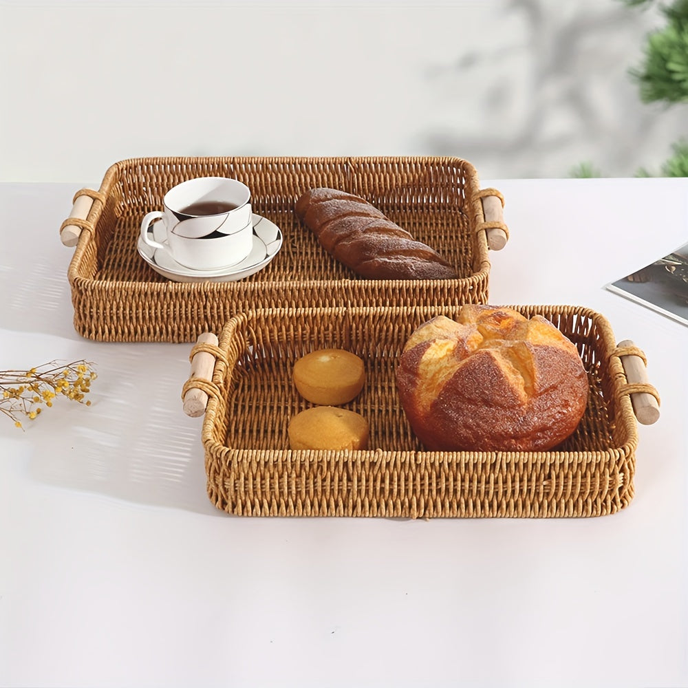 1 piece Woven Rattan Storage Basket with Wooden Handles, Modern Rectangular Tray, Stackable, for Various Uses in Home or Hotel.