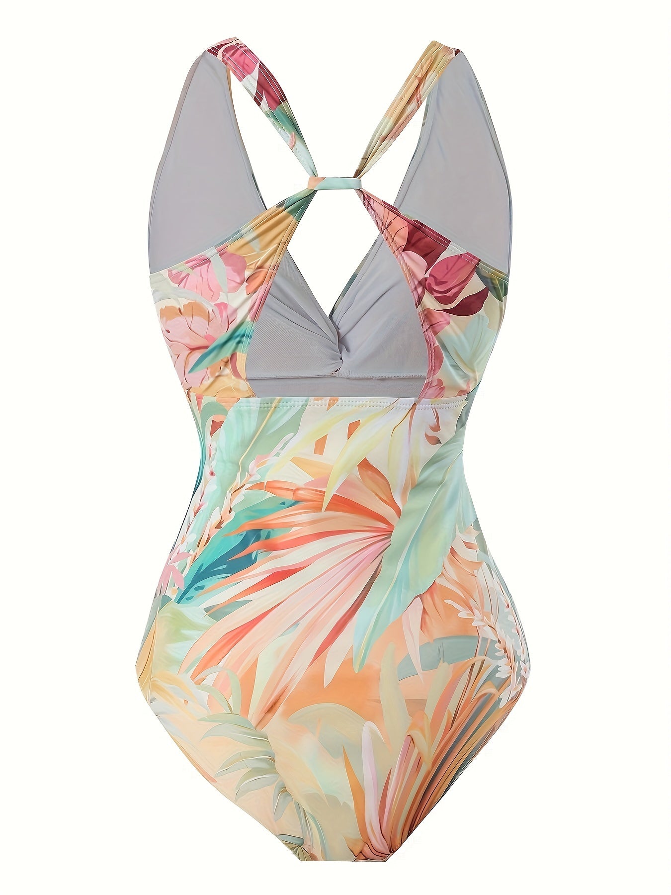 Tropical print V-neck one-piece swimsuit with sheer sarong for women. Made of 82% polyester and 18% elastane with medium stretch knit fabric. Features a cross detail, suitable for all