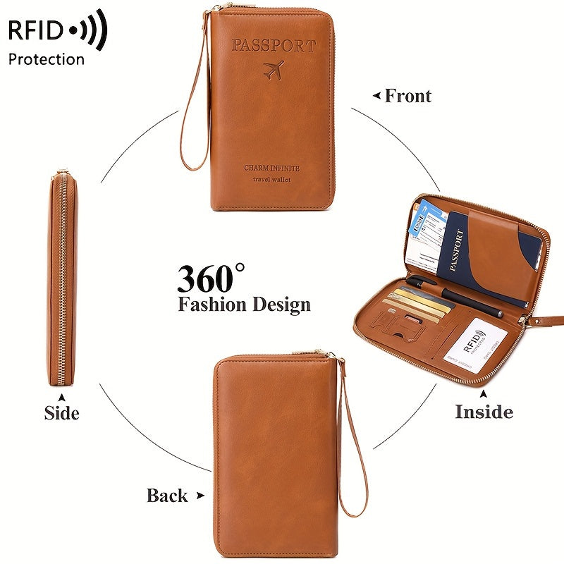 Brown PU travel wallet with RFID blocking for passports, cards, tickets, and IDs. Zipper closure and wrist strap, compact design with multiple compartments for secure organization.