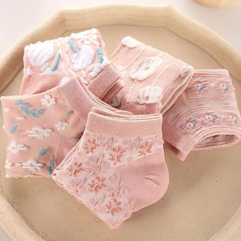 5 sheer pink floral ankle socks for women made of soft polyester with delicate flower patterns, ideal for spring and autumn.