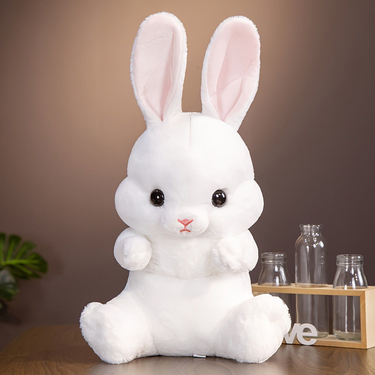 Cute Long-Eared Bunny Plush Toy - Soft, Cuddly Doll with Pillow Design for Home Decor and Birthday Gifts, White/Pink