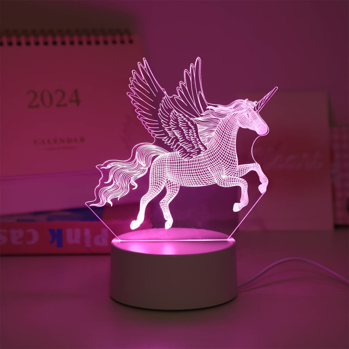 Pink unicorn night light for kids' bedrooms.